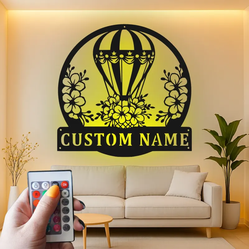 Hot Air Balloon LED Sign | Personalized Metal Wall Art for Nursery | Custom Name & Floral Decor | Baby Shower Gift