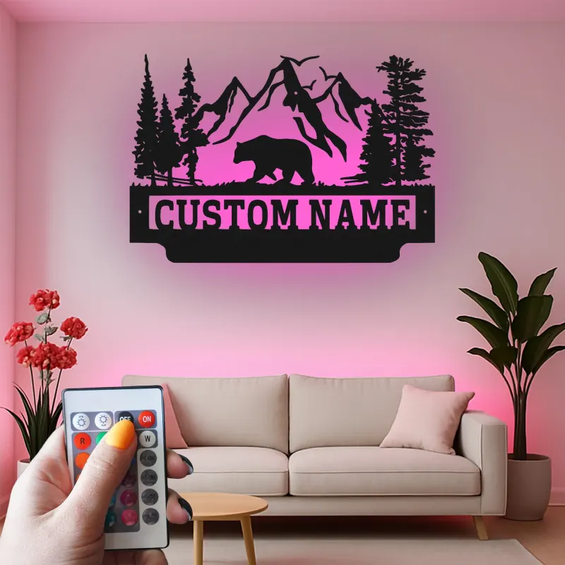 Cartel de metal LED de oso de montaña personalizado, regalo para amantes de la naturaleza, decoración de cabaña o refugio