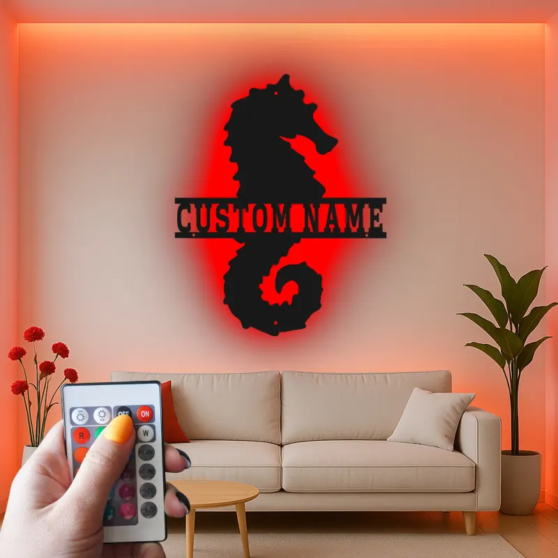 Insegna in metallo personalizzata con cavalluccio marino | Arte murale retroilluminata LED | Decorazione nautica personalizzata per casa al mare | Regalo per amanti dell'oceano