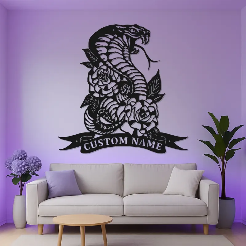 Custom Cobra Metal Sign | LED Snake & Roses Wall Art | Personalized Gothic Decor for Tattoo Studio or Man Cave