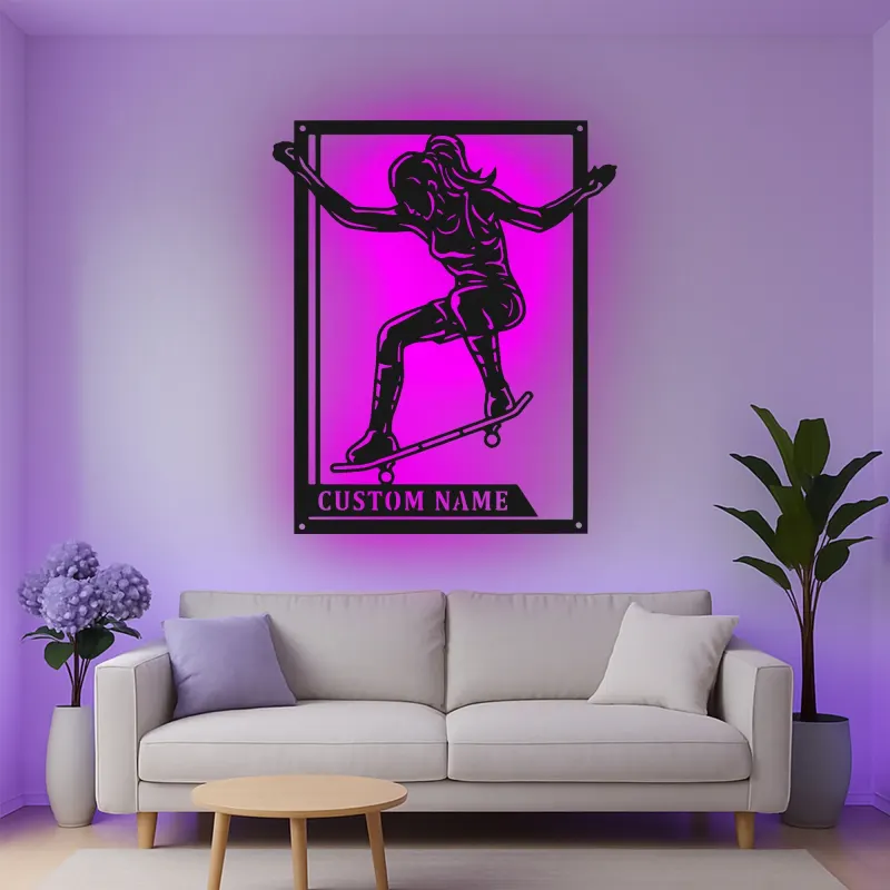 Décoration murale en métal personnalisée avec skateboard LED - Cadeau pour passionnés de skateboard et décoration de chambre d'adolescent