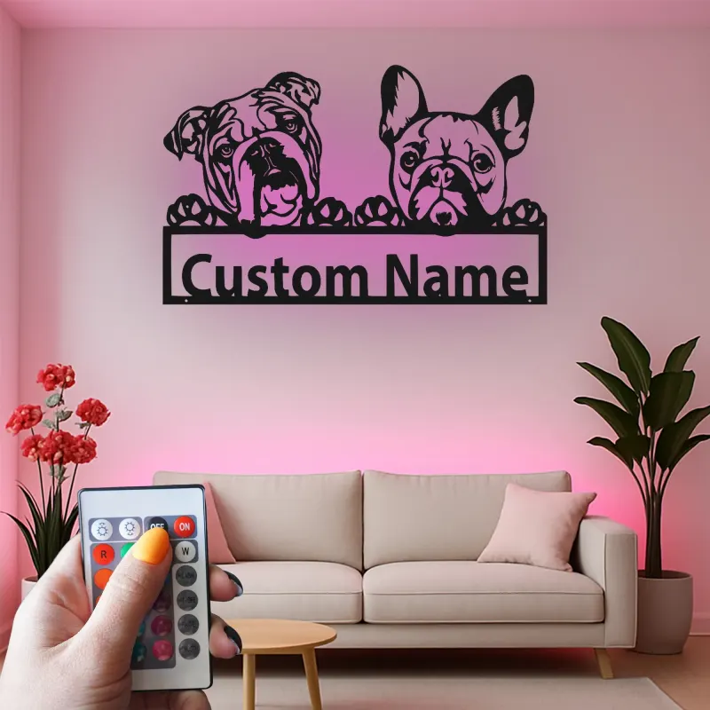 Cartel de metal LED personalizado de Bulldog y Bulldog Francés, regalo para amantes de los perros, decoración para la sala de estar