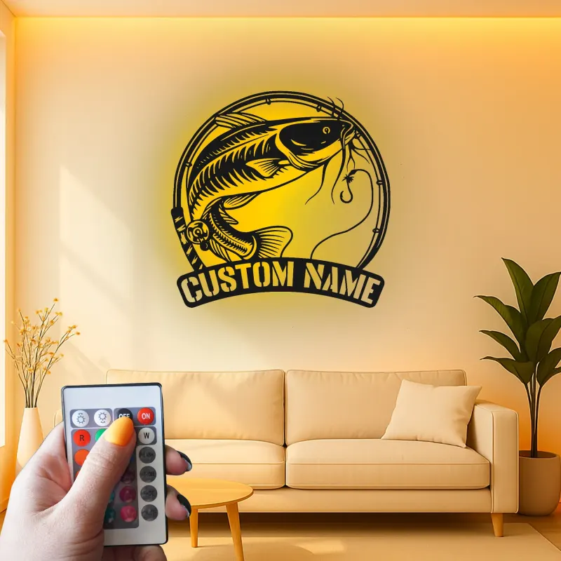 Custom Catfish Led Light Metal Wall Art Personalized Fishing Gift for Anglers Man Cave or Cabin Decor