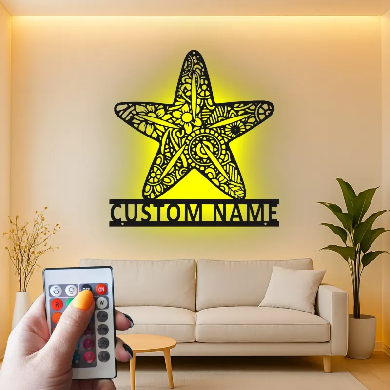 Insegna in metallo LED a forma di stella marina personalizzata | Arte murale oceanica personalizzata | Decorazione costiera per casa al mare e saloni | Targa ornata con nome