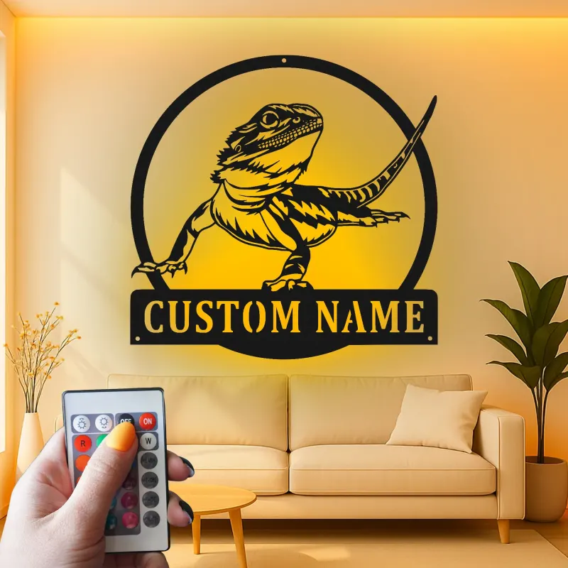 Insegna in metallo personalizzata con luci LED a forma di drago barbuto - Regalo per amanti dei rettili - Decorazione per camera da letto o soggiorno 1