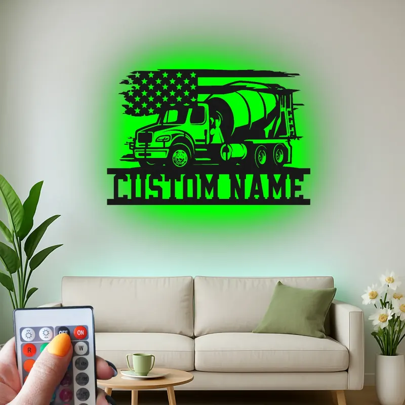 Insegna in metallo personalizzata con luce LED a forma di camion betoniera regalo per lavoratori edili decorazione per garage o ufficio