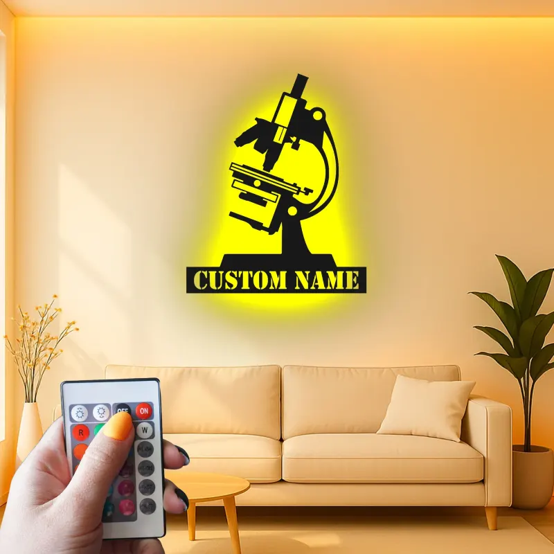 Arte mural LED de microscopio | Cartel de metal personalizado para decoración de laboratorio | Regalo científico personalizado para biólogos o clínicas