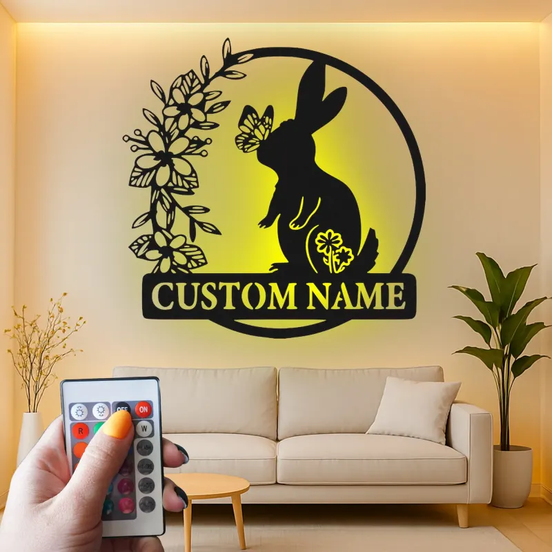 Personalized Rabbit Name Sign | LED Metal Wall Art for Nursery | Bunny & Butterfly Light | Baby Shower Gift