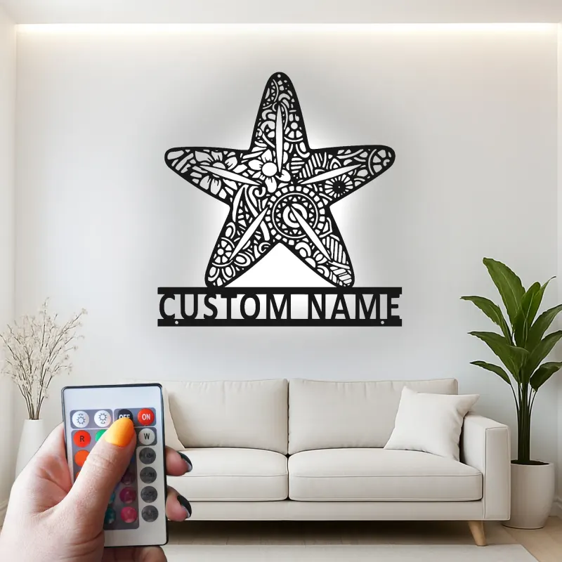 Insegna in metallo LED a forma di stella marina personalizzata | Arte murale oceanica personalizzata | Decorazione costiera per casa al mare e saloni | Targa ornata con nome