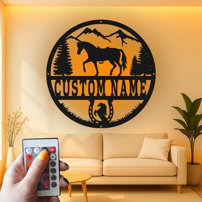 Panneau personnalisé avec nom de cheval | Décoration murale en métal LED pour ranch et maison | Cadeau équestre sur mesure