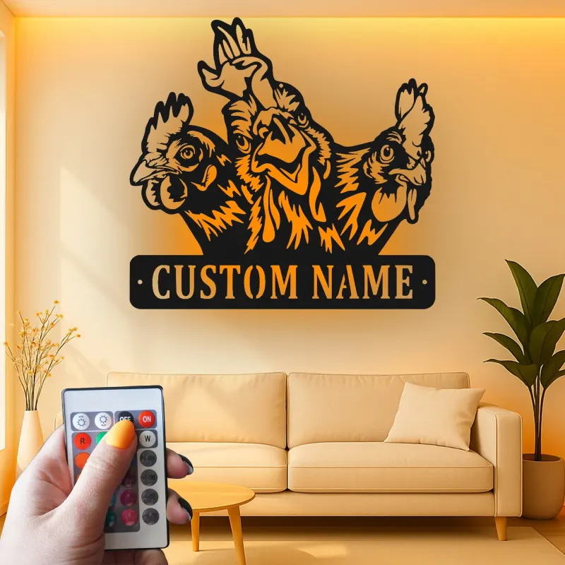 Custom Chicken Trio Led Light Metal Wall Art Farmhouse Gift for Chicken Lovers Kitchen or Barn Decor