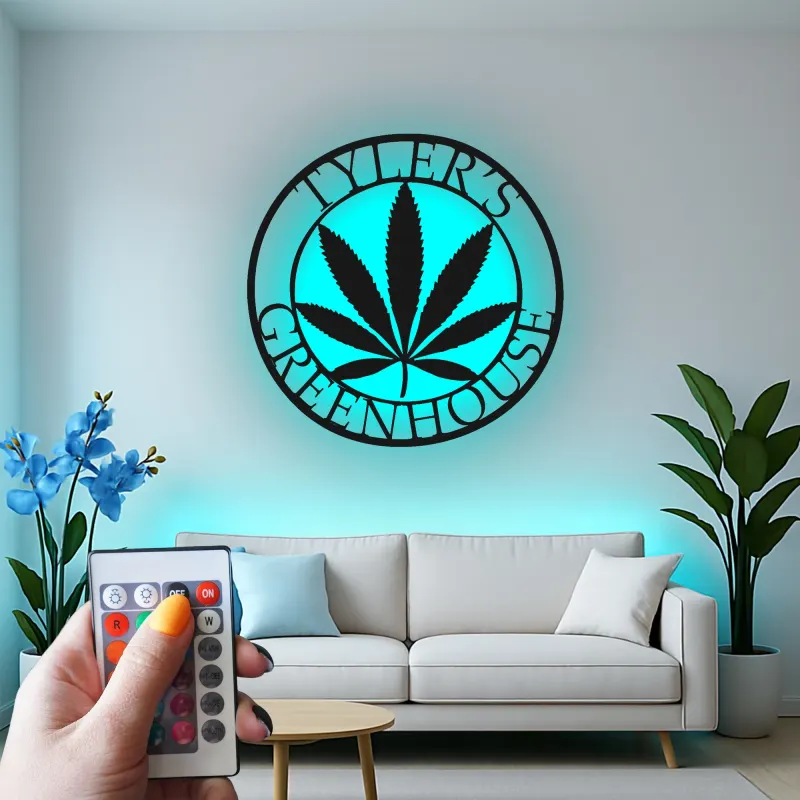 Custom Cannabis Leaf Led Light Metal Wall Art Personalized Gift for Greenhouse Enthusiasts Home Decor