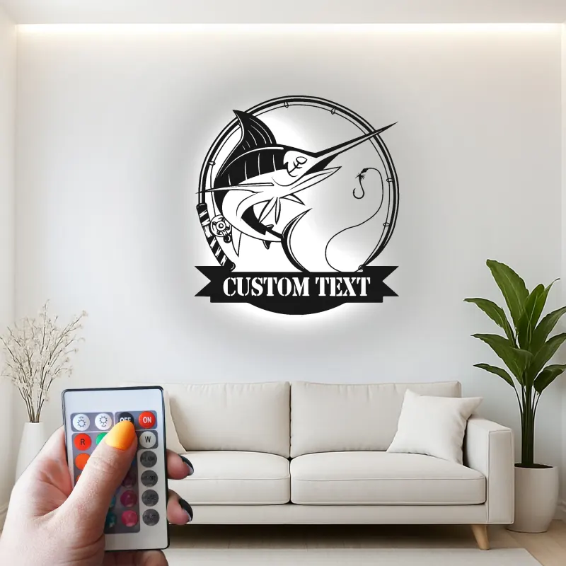 Insegna in Metallo LED Pesce Marlin Personalizzata | Insegna Decorativa per Pesca | Regalo per Pescatore per Man Cave o Cabina