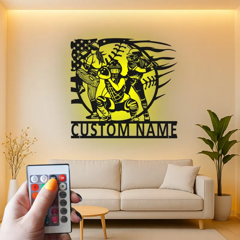Insegna in Metallo per Giocatori di Softball Personalizzata | Arte da Parete LED con Nome Personalizzato | Regalo per Squadra di Softball | Decorazioni per Camera delle Ragazze & Ricevitore, Lanciatore, Battitore