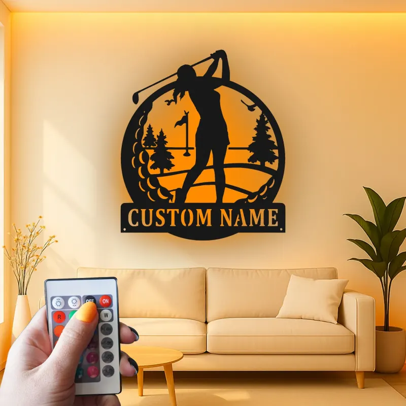 Personalisierte Golf-Schild mit LED-Beleuchtung | Metall-Wandkunst für das Spielzimmer | Golfer Geschenk für Ihn oder Sie