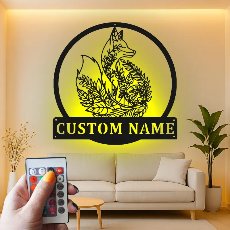 Plaque prénom renard personnalisée | Décoration murale LED en métal pour chambre d’enfant | Déco animalière forêt | Veilleuse pour chambre d’enfant
