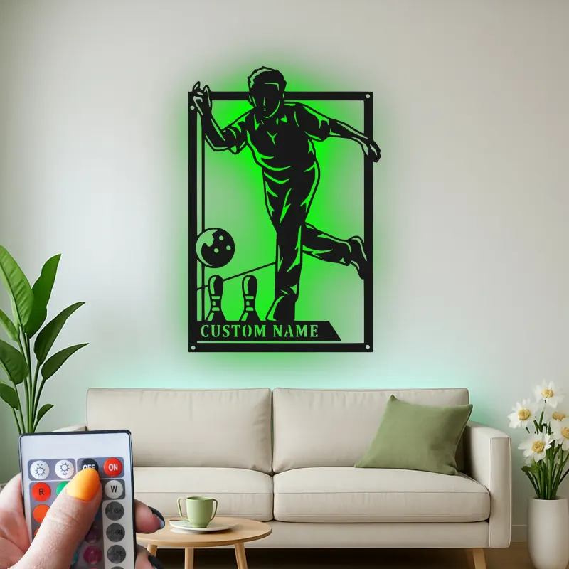 Insegna in metallo personalizzata con luce LED per giocatori di bowling - Regalo personalizzato per appassionati di bowling e decorazione per sale giochi