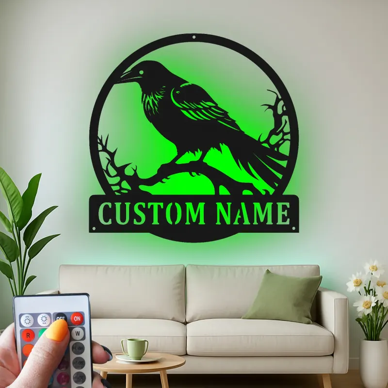 Raben Silhouette LED Schild | Individuelle Metall Wandkunst | Personalisierte Gothic Krähen Dekor für Zuhause, Garten & Halloween Geschenk
