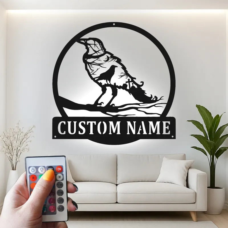 Cartel de metal LED de cuervo personalizado, regalo único para amantes de la naturaleza, acento decorativo para el hogar