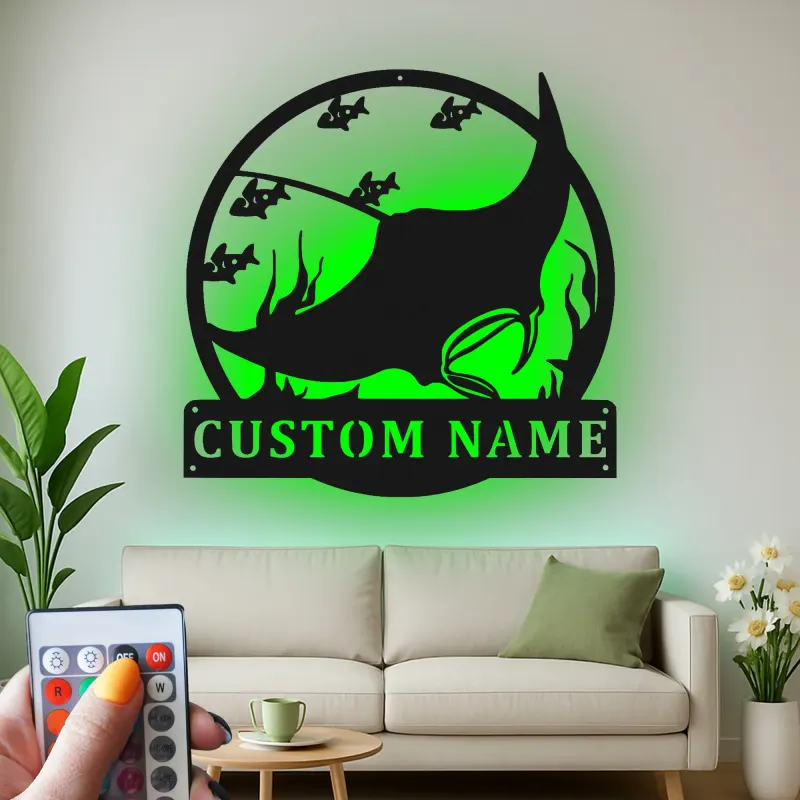 Custom Manta Ray Metal Wall Art | LED Ocean Life Sign | Personalized Nautical Decor for Beach House | Gift for Marine Lovers