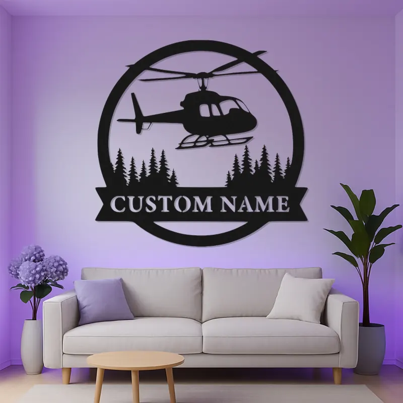 Personalized Helicopter Metal Wall Art | LED Lighted Aviation Decor | Custom Name Sign for Pilot Gift, Office & Man Cave