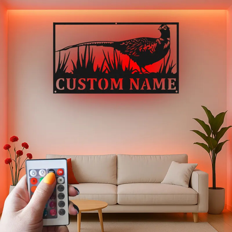 Fasan Metall Wandkunst | Personalisiertes LED-Schild für die Hütte | Individuelles Geschenk für Jäger & Lodge-Dekor