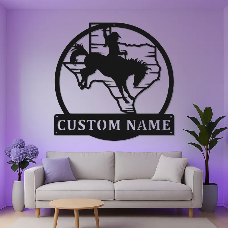 Panneau Métal Personnalisé Rodeo | Art Murale LED Cowboy du Texas | Décor Western Personnalisé pour Maison de Ranch ou Cadeau