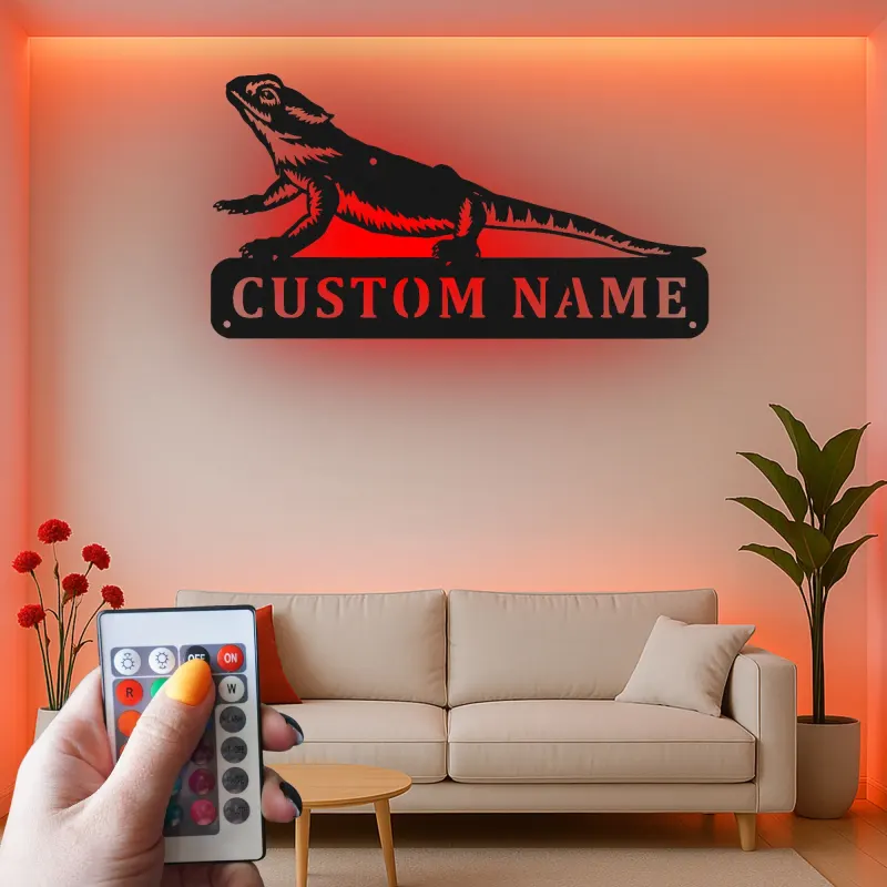 Personalisierte Metalltafel für Bartagame | LED-beleuchtete Reptil-Wandkunst | Individuelles Haustier-Schild | Einzigartiges Geschenk für Echsenliebhaber