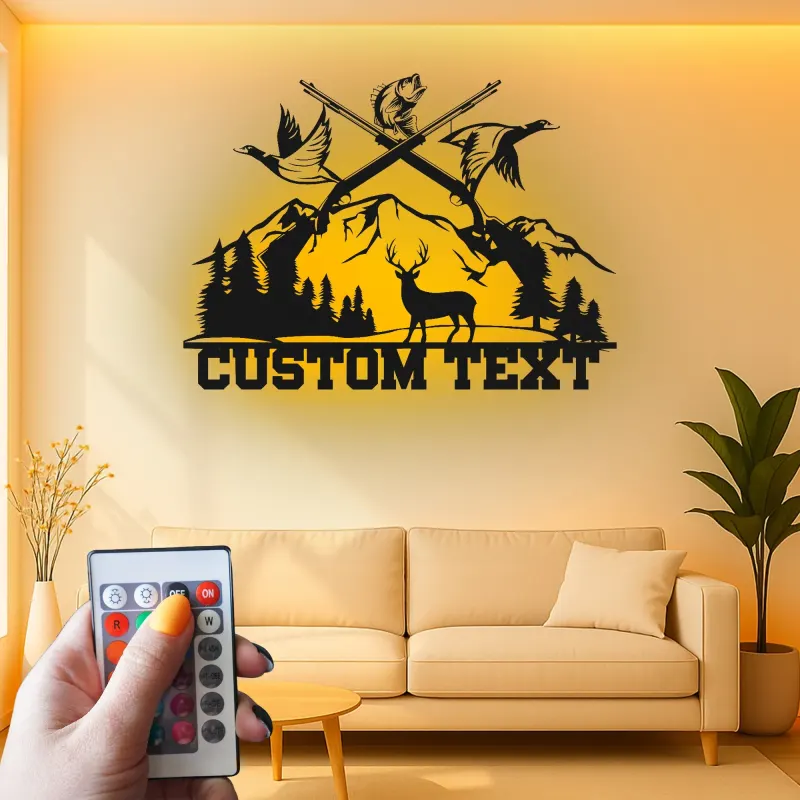 Custom Hunting Scene Metal Wall Art | Personalized LED Sign with Deer & Ducks | Rustic Cabin Decor Gift for Hunter