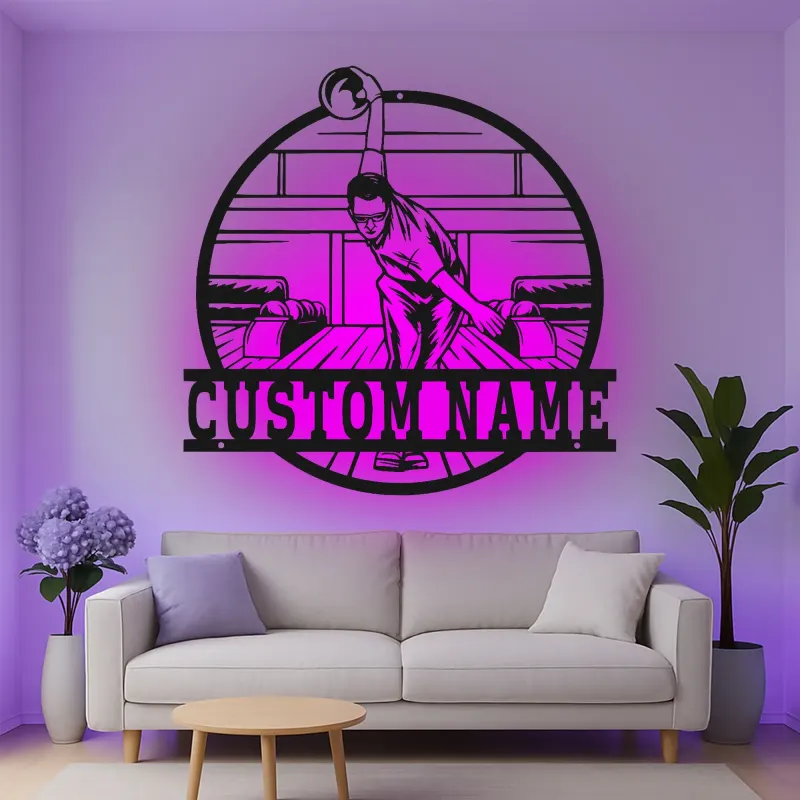 Custom Bowling Player Led Light Metal Wall Art Personalized Gift for Bowlers Game Room Decor