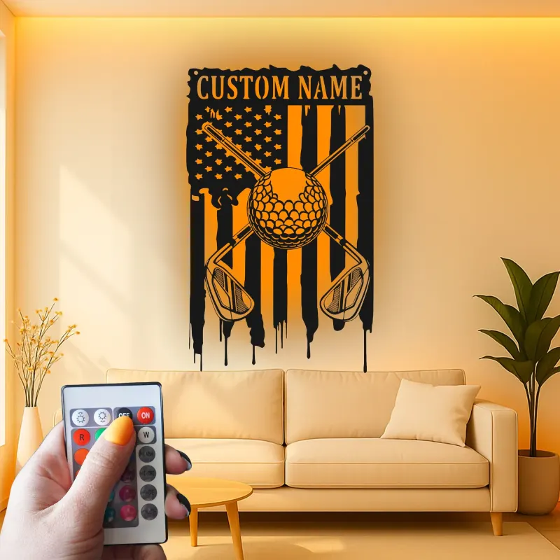 Enseigne de golf personnalisée pour man cave | Décoration murale en métal sur mesure avec LED | Cadeau patriote pour golfeur