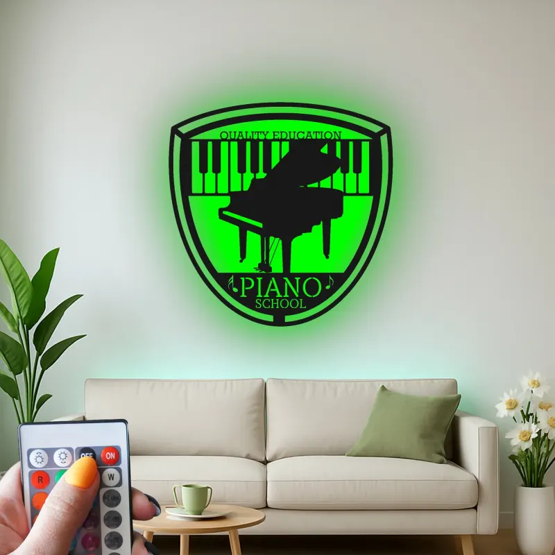 Insegna LED in metallo con pianoforte a coda | Logo personalizzato per scuola di musica | Arte da parete vintage per arredo studio