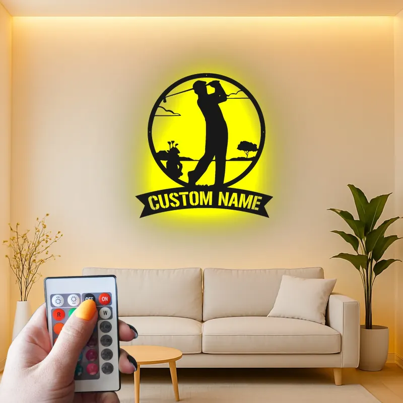 Panneau métallique personnalisé pour golfeur | Décoration murale LED personnalisée | Cadeau pour amateur de golf | Déco de man cave et bar à domicile