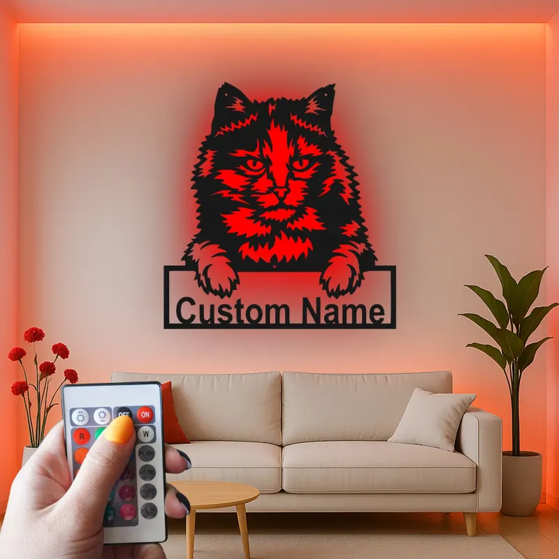 Décoration murale en métal personnalisée en forme de silhouette de chat avec rétroéclairage LED - Cadeau pour les amoureux des animaux - Décor de salon