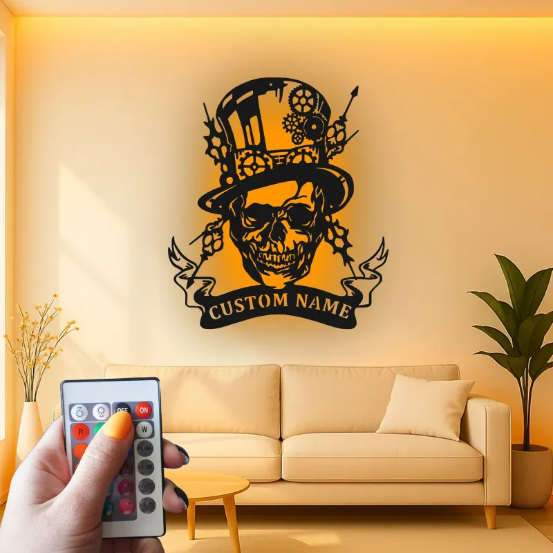 Insegna in metallo LED Teschio Steampunk | Insegna con Nome Personalizzato per Man Cave | Decorazione per Stanza di Gioco Gotica con Cappello a Cilindro e Ingranaggi