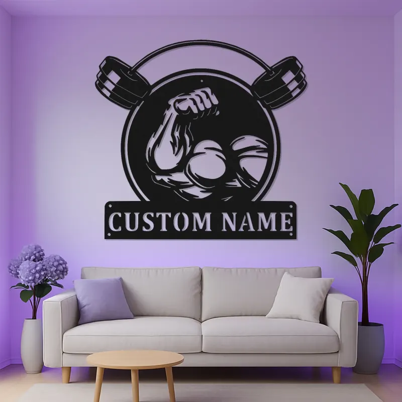 Insegna palestra personalizzata con LED | Arte da parete in metallo per sollevamento pesi | Arredo fitness su misura per home gym o studio