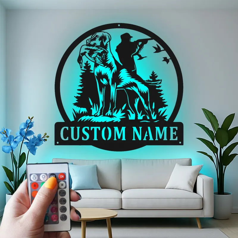 Insegna in metallo personalizzata per cani da caccia | Arte da parete LED Labrador Retriever | Regalo personalizzato per cacciatori per decorare la baita