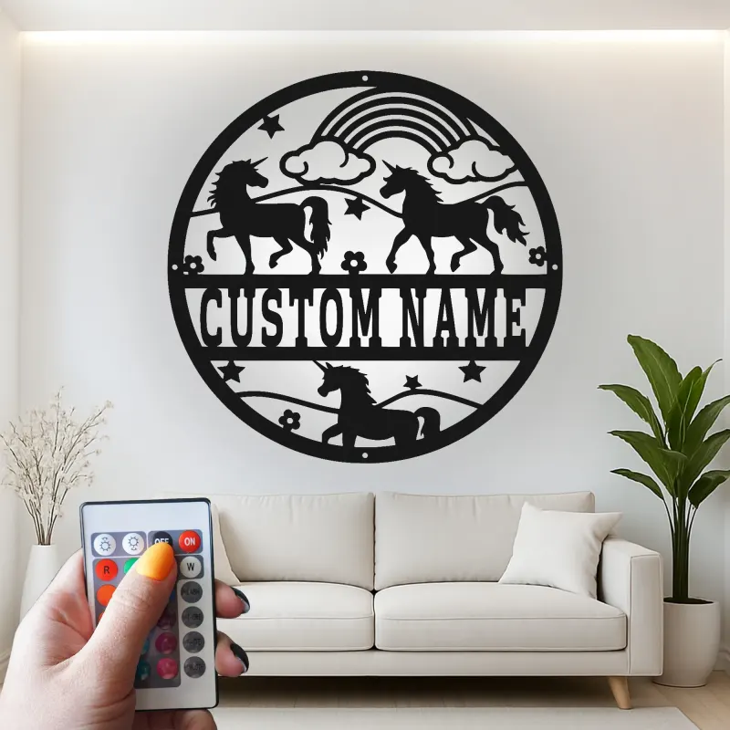 Custom Unicorn and Rainbow Led Light Metal Wall Art Personalized Gift for Kids Nursery Room Decor
