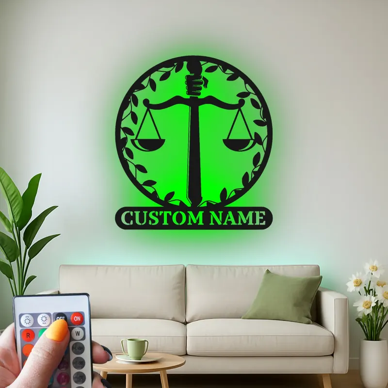 Panneau balance de la justice pour avocat | Décoration murale en métal LED personnalisée | Décor sur mesure pour cabinet d’avocat | Cadeau pour avocat