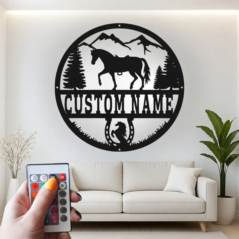 Panneau personnalisé avec nom de cheval | Décoration murale en métal LED pour ranch et maison | Cadeau équestre sur mesure