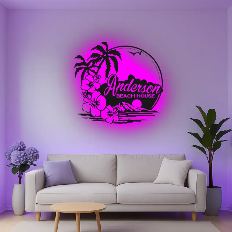 Insegna in metallo personalizzata con luce LED per casa al mare - Regalo personalizzato per ritiri costieri e decorazione tropicale