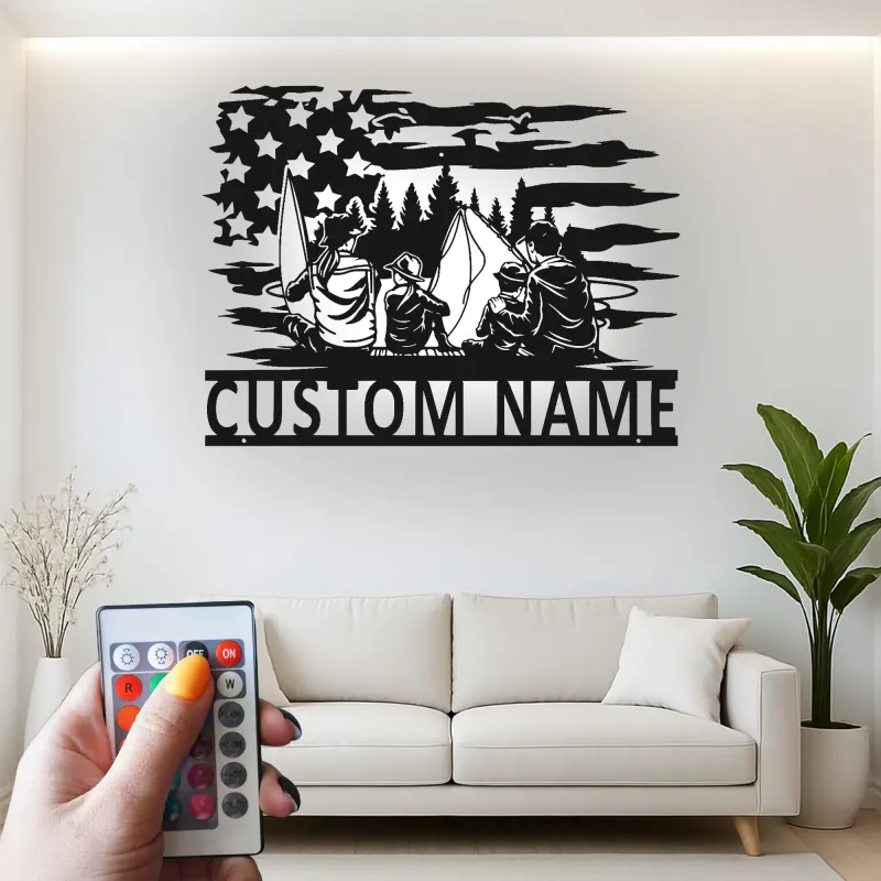 Insegna in metallo personalizzata per campeggio familiare - Luce LED - Regalo avventura all'aperto, decorazione rustica per cabin