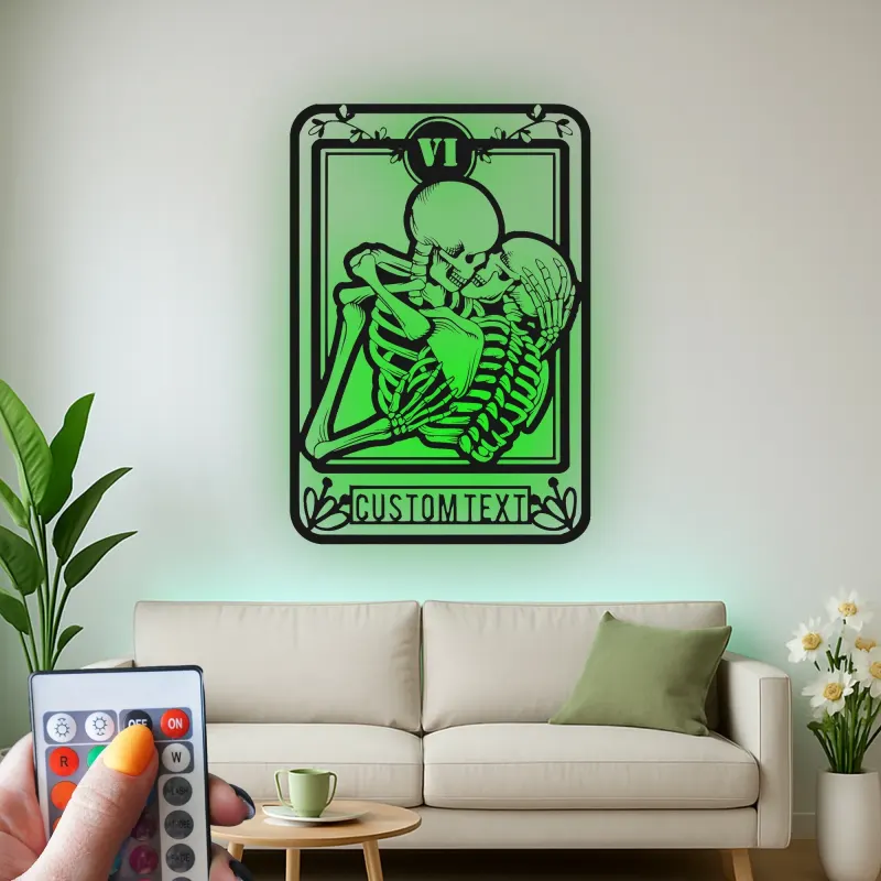 Gothic Skeleton Lovers Tarot-Kartenschild | Personalisierte LED Metall-Wandkunst | Romantische Totenkopf-Paar-Dekoration | Individuelles Jubiläumsgeschenk