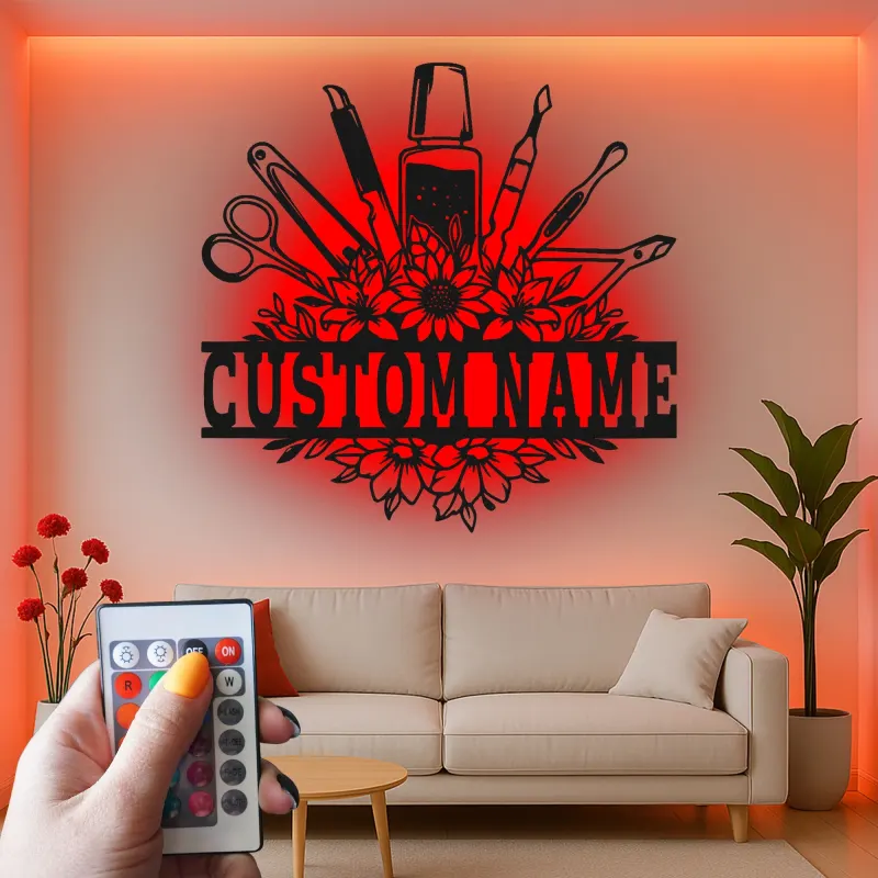 Personalisiertes Nageltechniker LED-Schild | Individuelle Metall-Wandkunst für Salon | Florale Manikuristen-Dekoration | Geschenk für Nagelkünstler