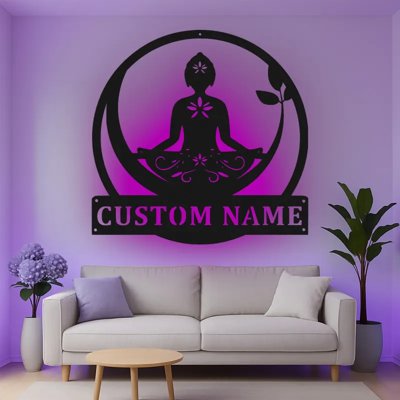 Custom Yoga Meditation Led Light Metal Wall Art Zen Gift for Yoga Lovers Peaceful Home Decor