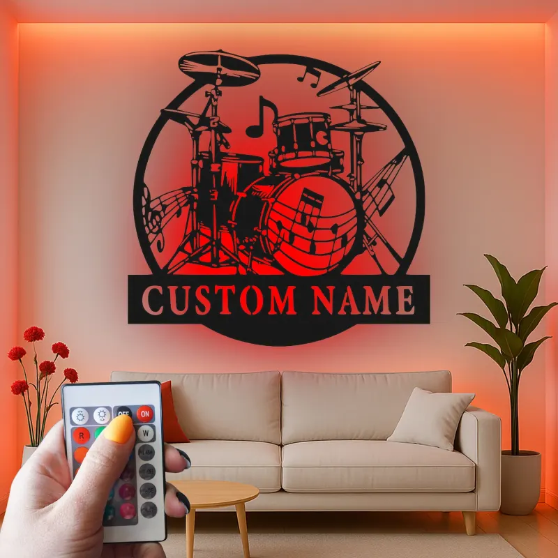 Insegna in metallo LED a forma di set di tamburi personalizzata Regalo per musicisti Decorazione per sala musica per batteristi