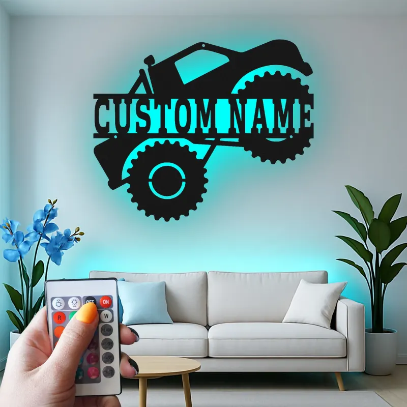 Insegna LED Monster Truck Personalizzata | Arte in Metallo Personalizzata | Decorazione Stanza dei Ragazzi e Regalo Fuoristrada | Targa Illuminata