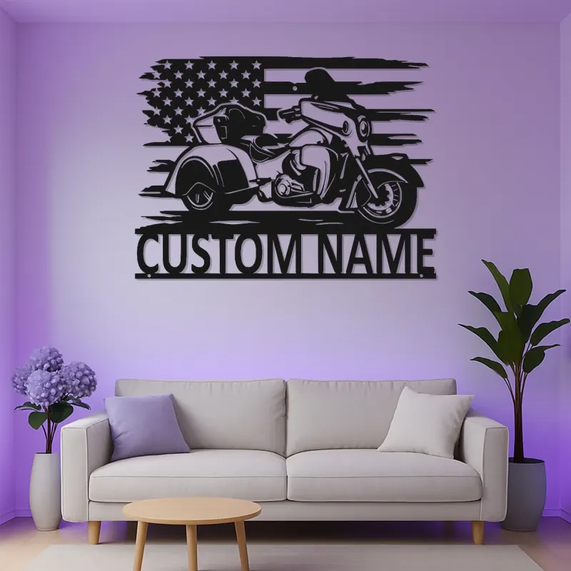 Panneau LED personnalisé pour trike | Plaque de nom de motard avec drapeau américain | Décoration murale en métal pour garage | Cadeau pour homme cave