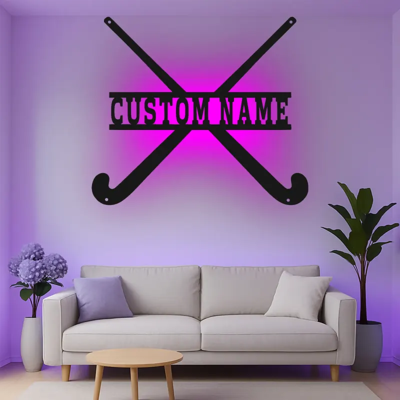 Insegna in metallo personalizzata con bastoni da hockey su prato e luce LED, regalo personalizzato per giocatori di hockey su prato, decorazione per sala giochi