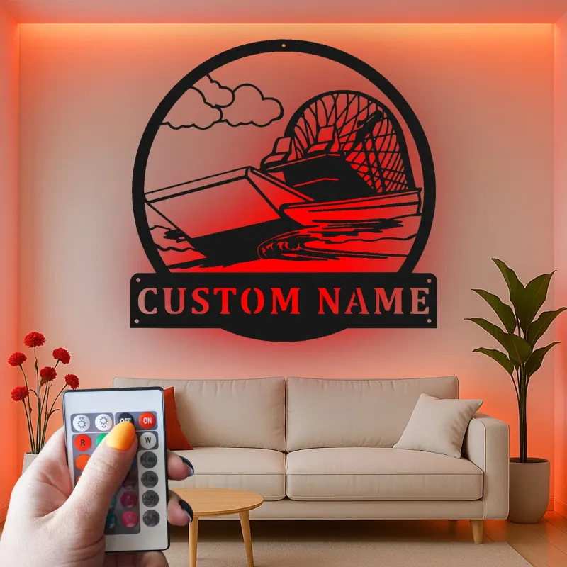Décoration murale en métal LED personnalisée en forme d'airboat - Cadeau pour les passionnés de navigation - Décor nautique pour man cave